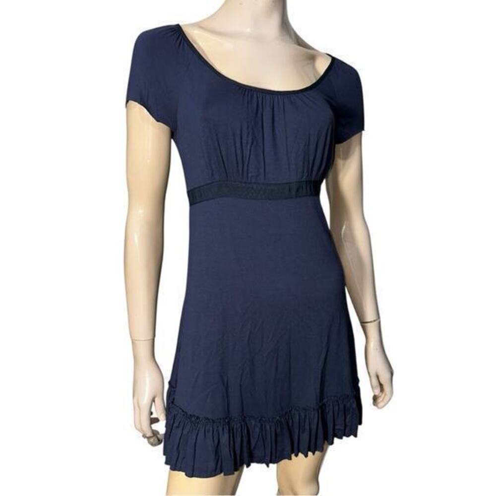 Three Dots Women’s Size S Navy Blue Babydoll Tie Back Ruffle Hem Mini Dress